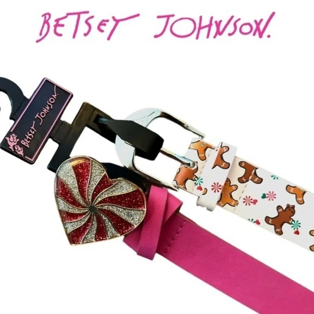 Betsey Johnson Christmas Holiday Belt Set of 2  Pink Heart Gingerbread Large NWT